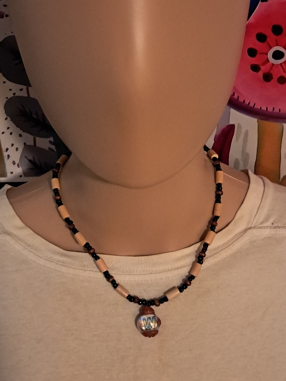 Wood Beaded Neutral Tan and Brown Monogram W Initial Pendant Necklace - Women